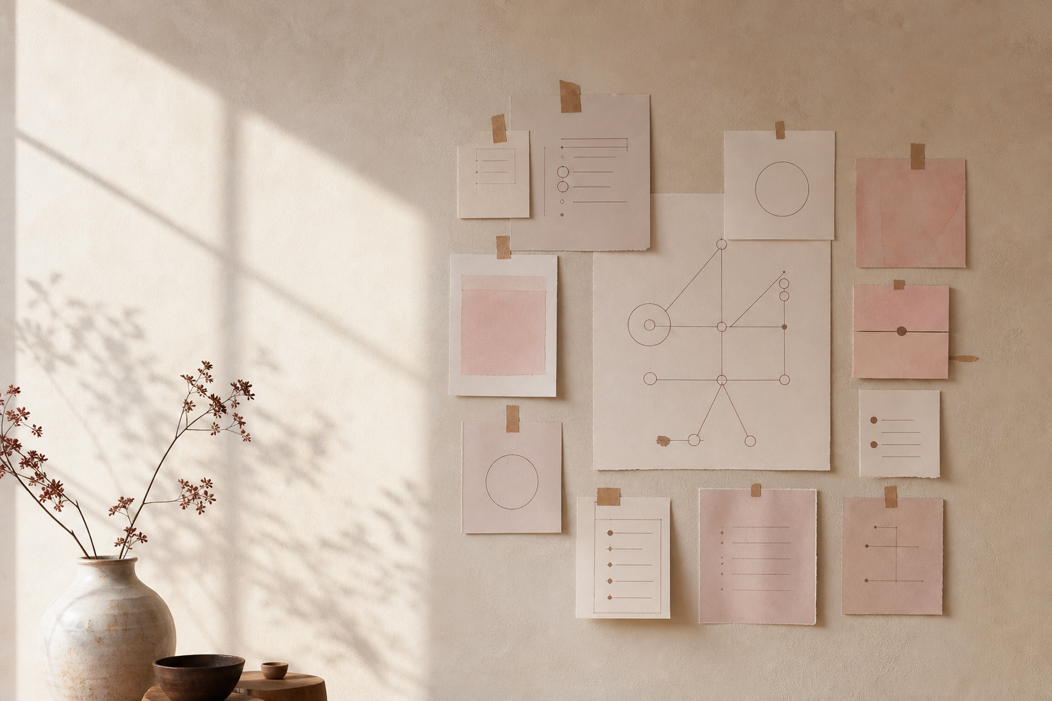 A softly lit visual planning wall