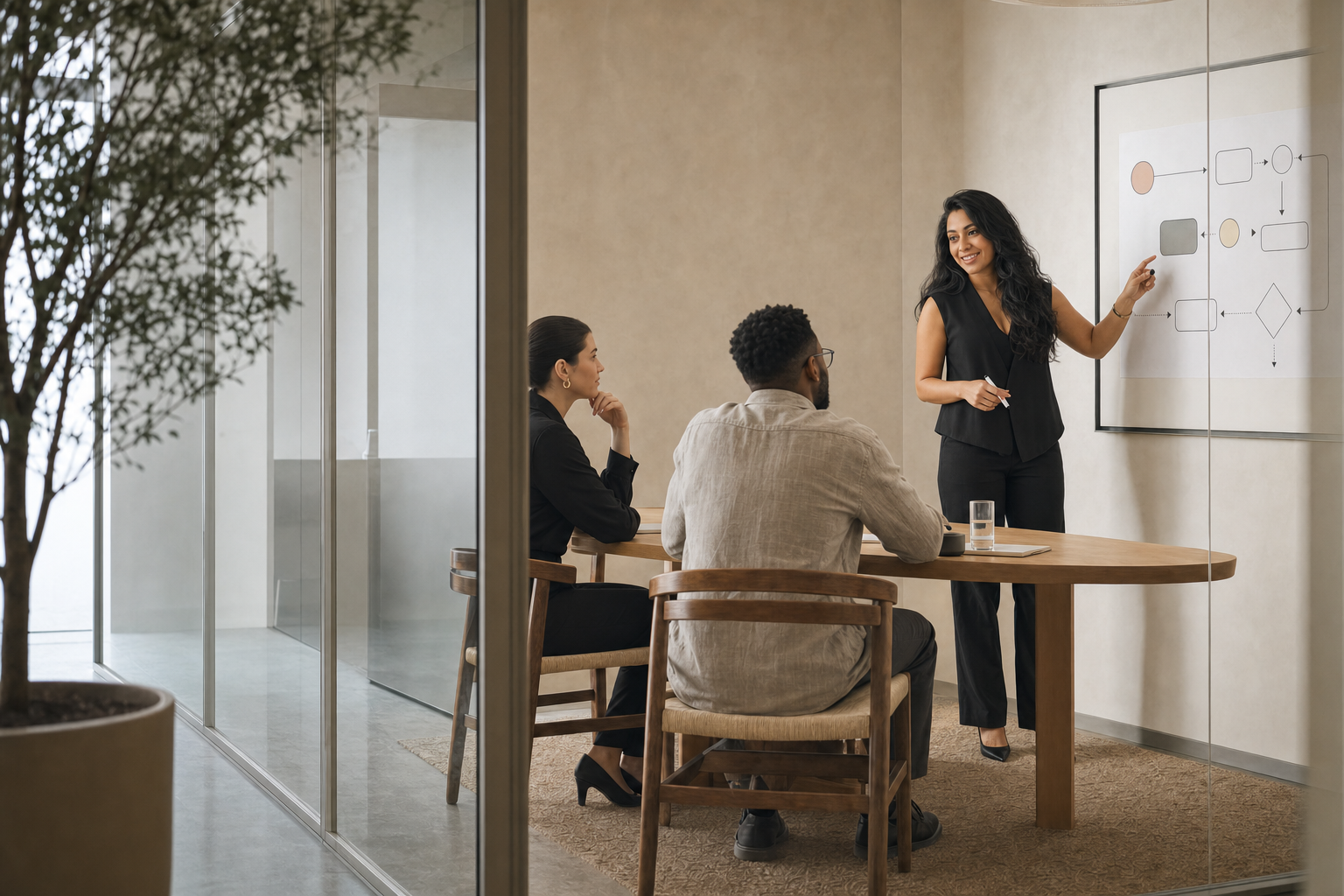 A team reviewing a clear operational workflow in a glass meeting room